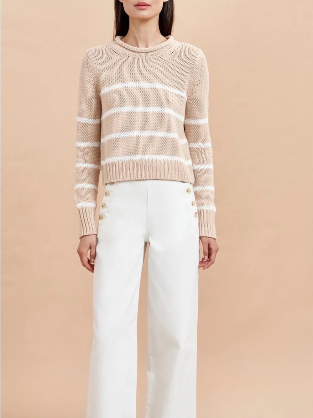 La Ligne Cream and White Striped Crewneck Sweater